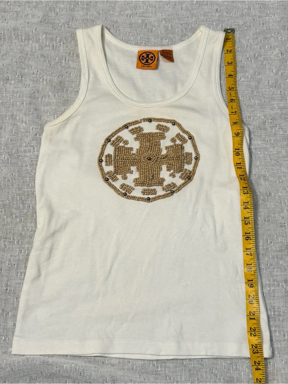 Tory Burch Beaded White Boho Summer Women’s Small Chic Vacation Cotton Tank